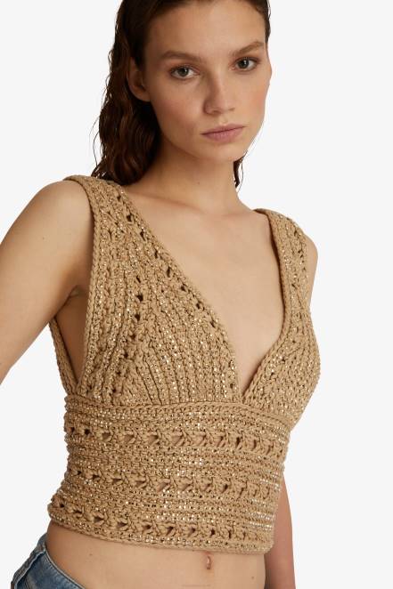 Women Ermanno Scervino Beige Crystal-Adorned Crop Top 424R92
