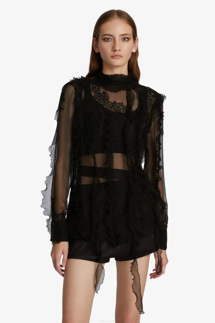 Women Ermanno Scervino Black Chiffon Shirt With Ruches 424R76