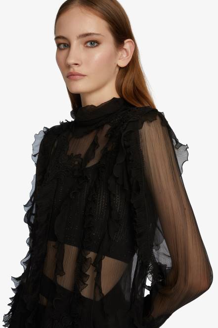 Women Ermanno Scervino Black Chiffon Shirt With Ruches 424R76