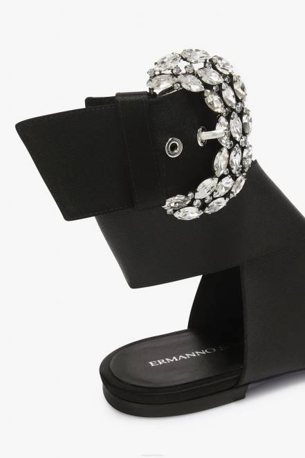Women Ermanno Scervino Black Flat Sandals With Bejewelled Buckle 424R166