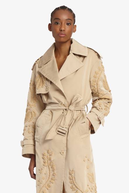 Women Ermanno Scervino Black Long Trench Coat With Embroidery 424R26