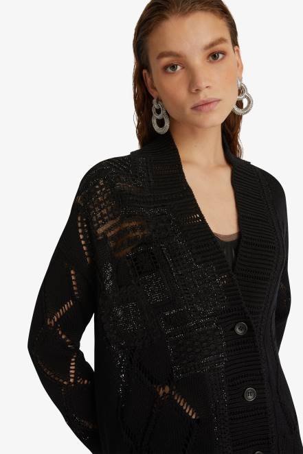 Women Ermanno Scervino Black Openwork-Knit Cardigan 424R54