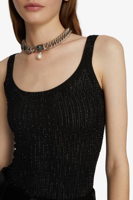 Women Ermanno Scervino Black Stretch Vest Top With Crystals 424R72