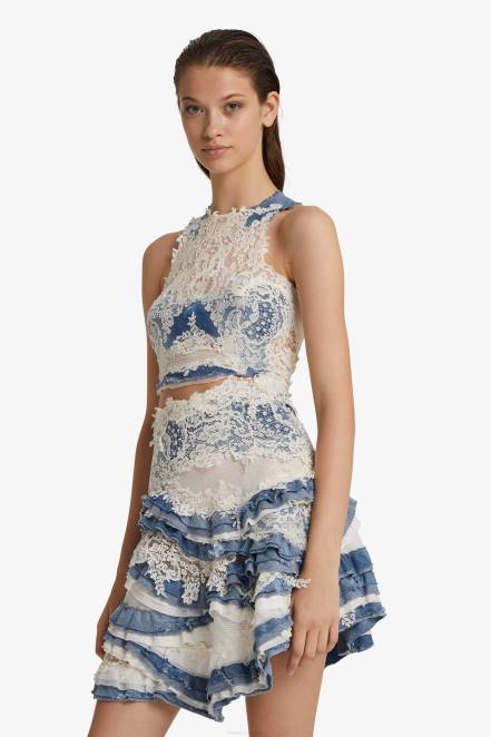 Women Ermanno Scervino Blue Denim And Lace Top 424R94