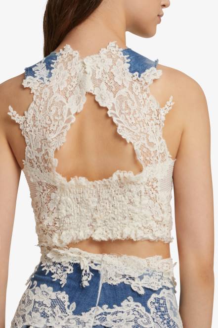 Women Ermanno Scervino Blue Denim And Lace Top 424R94