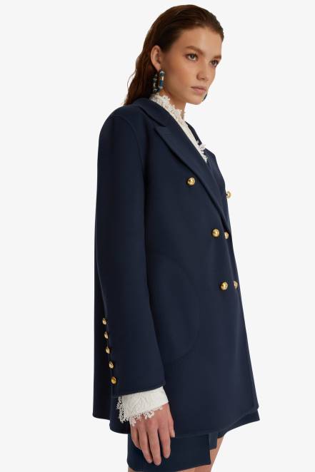 Women Ermanno Scervino Blue Double-Breasted Woollen Cloth Pea Coat 424R41