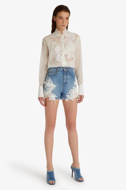 Women Ermanno Scervino Blue Lace-Adorned Denim Shorts 424R114