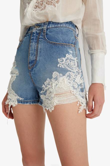 Women Ermanno Scervino Blue Lace-Adorned Denim Shorts 424R114