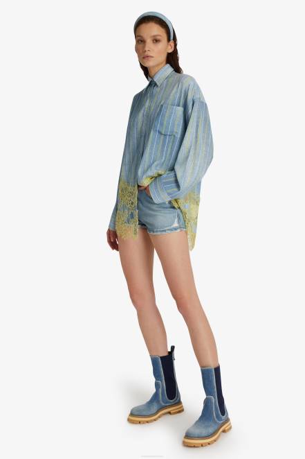 Women Ermanno Scervino Green Lace-Adorned Striped Shirt 424R83