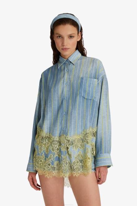 Women Ermanno Scervino Green Lace-Adorned Striped Shirt 424R83