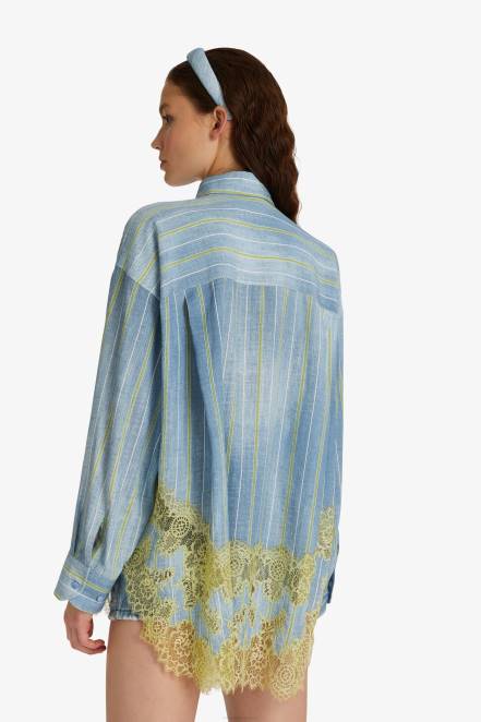 Women Ermanno Scervino Green Lace-Adorned Striped Shirt 424R83