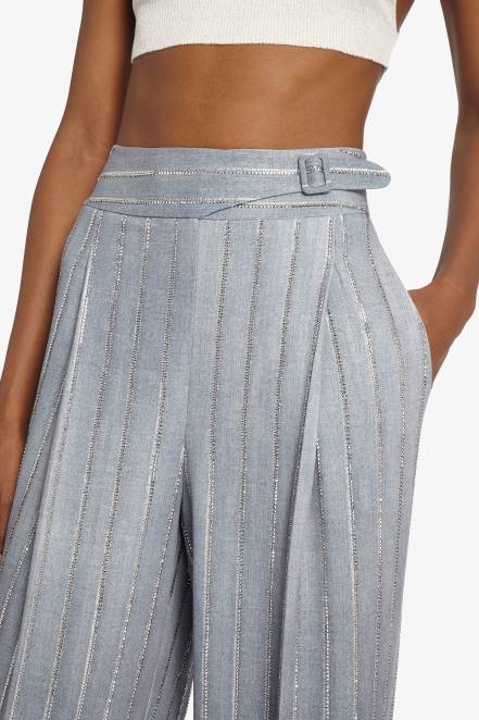 Women Ermanno Scervino Grey Crystal-Adorned Pinstripe Trousers 424R100
