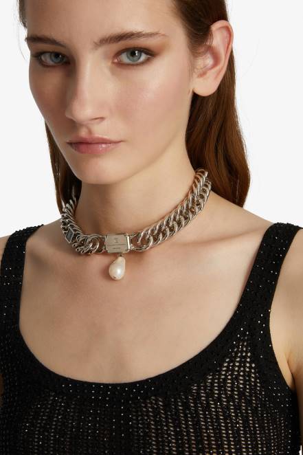 Women Ermanno Scervino Nero Pearl Chain Necklace 424R180
