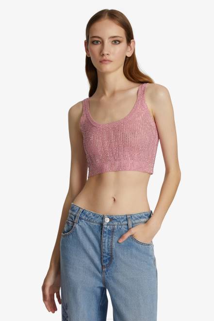 Women Ermanno Scervino Pink Crystal-Adorned Crop Top 424R70