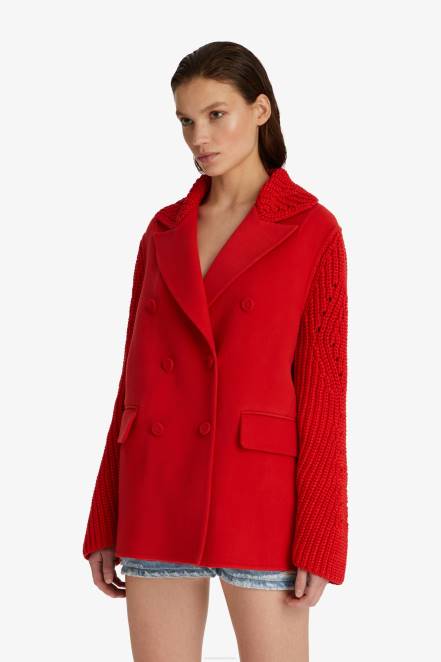 Women Ermanno Scervino Red Wool And Knit Fabric Pea Coat 424R39