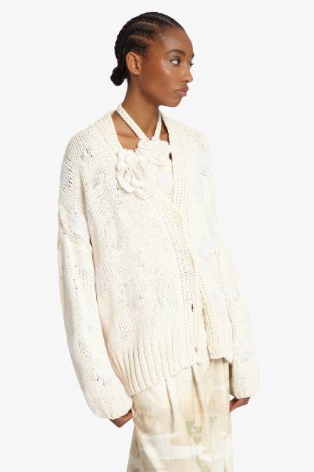 Women Ermanno Scervino White Knit Cardigan With Rose Detail 424R45