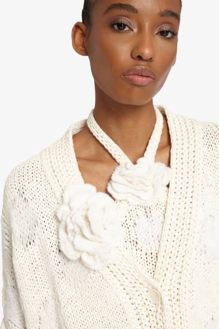 Women Ermanno Scervino White Knit Cardigan With Rose Detail 424R45