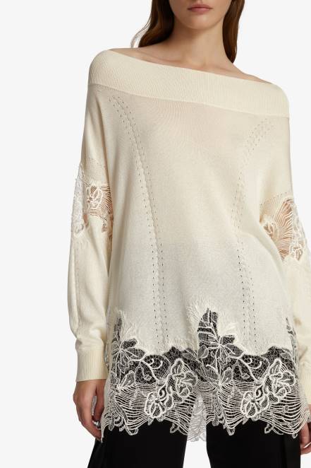 Women Ermanno Scervino White Lace-Adorned Oversized Sweater 424R62