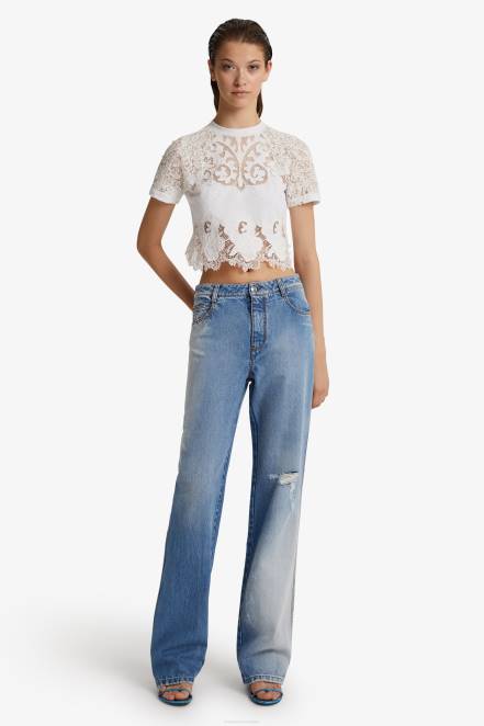 Women Ermanno Scervino White Lace Cropped T-Shirt 424R96