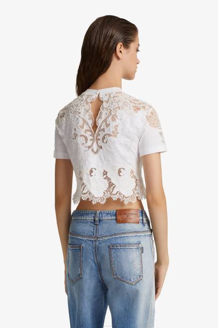Women Ermanno Scervino White Lace Cropped T-Shirt 424R96