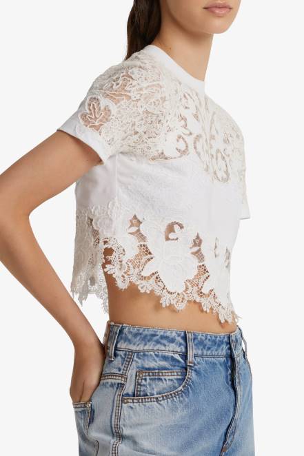 Women Ermanno Scervino White Lace Cropped T-Shirt 424R96