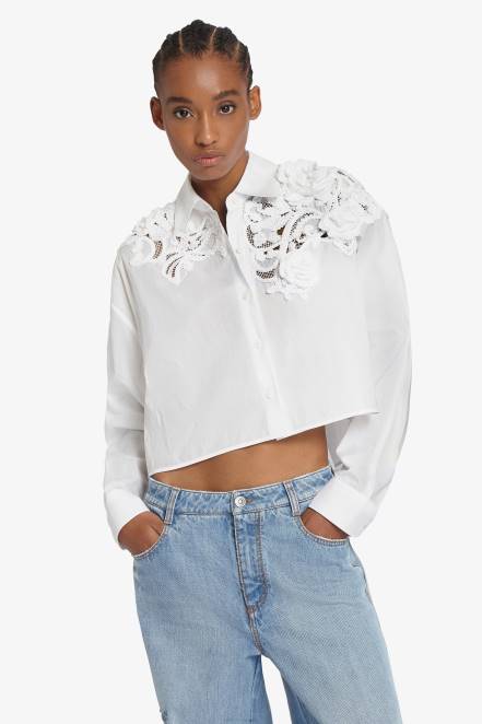 Women Ermanno Scervino White Lace-Detailed Cropped Shirt 424R79