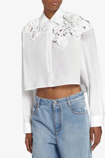 Women Ermanno Scervino White Lace-Detailed Cropped Shirt 424R79