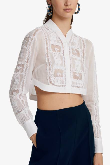 Women Ermanno Scervino White Muslin And Lace Cropped Shirt 424R84